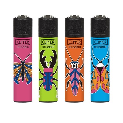 Quatro isqueiros Clipper reutilizáveis com desenhos de insetos coloridos