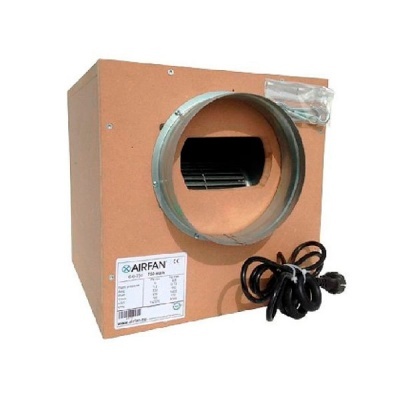 Ventoinha de extracao AIRFAN modelo GGH-150 com caixa castanha e estrutura metálica circular cinza