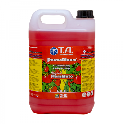 Recipiente plástico vermelho com rótulo de planta e texto T.A. Terra Aquatica PermaBloom