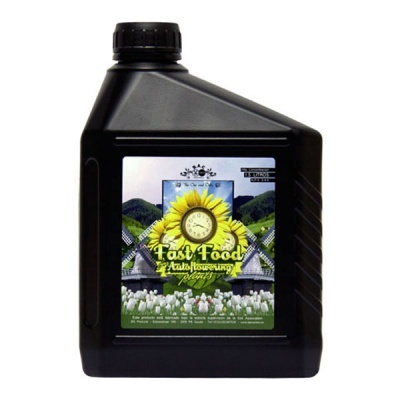 Frasco plástico preto com tampa preta e etiqueta colorida com girassol e texto Fast Food Autoflowering