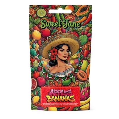 Pacote colorido com design artístico de fruta e mulher com chapéu