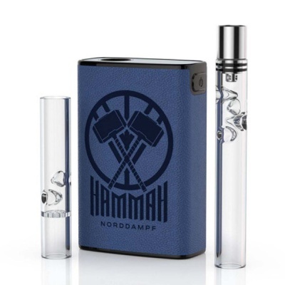 Conjunto de vaporizador azul com logotipo e tubos transparentes de vidro