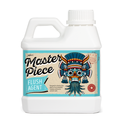 Garrafão de Master Piece Flush Agent com etiqueta azul e bege e ilustração de crânio colorido