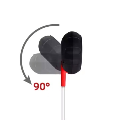 Auricular intra-auricular preto com detalhe vermelho e cabo branco a rodar 90 graus