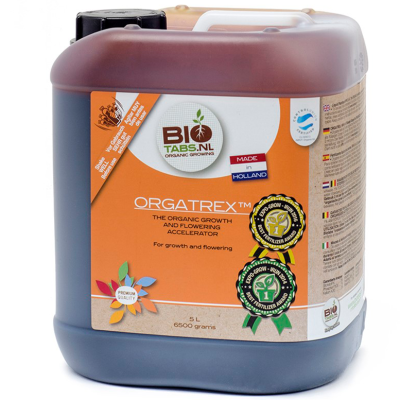 Recipiente plástico azul de 5 litros com rótulo laranja de fertilizante orgânico ORGATREX™