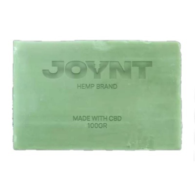 Sabonete verde retangular com texto gravado JOYNT HEMP BRAND MADE WITH CBD 100GR