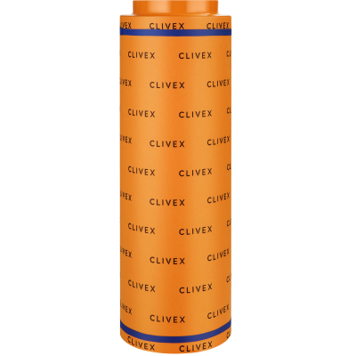 Frasco cilíndrico laranja com texto CLIVEX e faixa azul