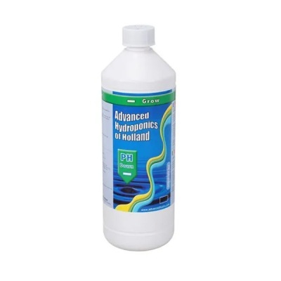 Garrafa branca com rótulo azul e verde de produto hydroponics PH Down