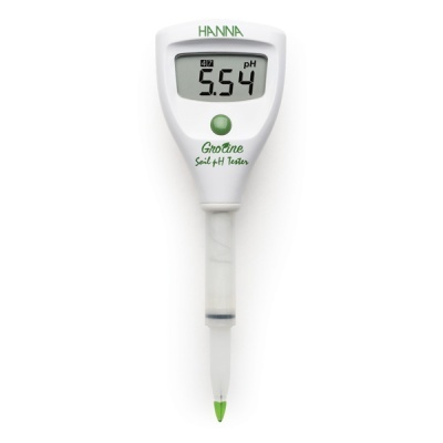 Medidor digital de pH de solo branco com visor 5.54 pH e detalhes verdes