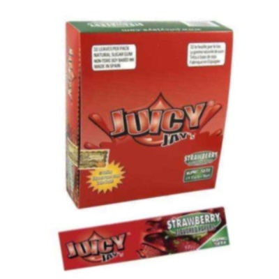 Pacote vermelho Juicy Jays sabor morango com caixa e folha individual