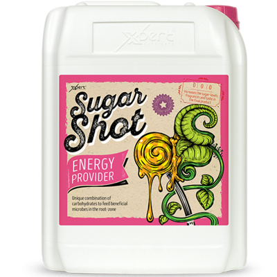 Recipiente branco com etiqueta rosa de suplemento Sugar Shot Energy Provider e ilustração colorida
