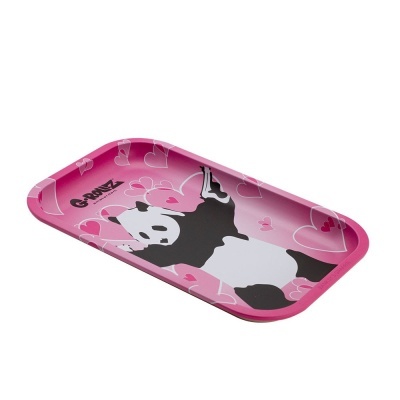 Tabuleiro rosa com desenho de panda e corações