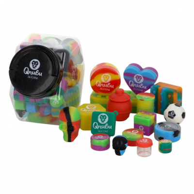 Caixas pequenas coloridas de silicone Qnubu em várias formas dentro e fora de recipiente plástico