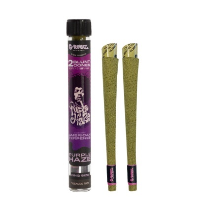 Dois cones verdes king size com embalagem roxa G-ROLUZ e texto Purple Haze