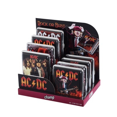 Porta-moedas metálicos AC/DC com imagens da banda e texto Rock or Bust