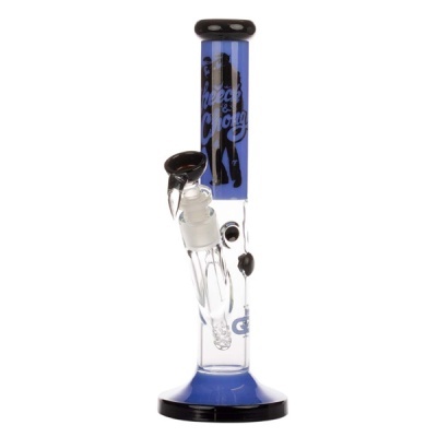 Bong de vidro azul e preto com texto Cheech & Chong