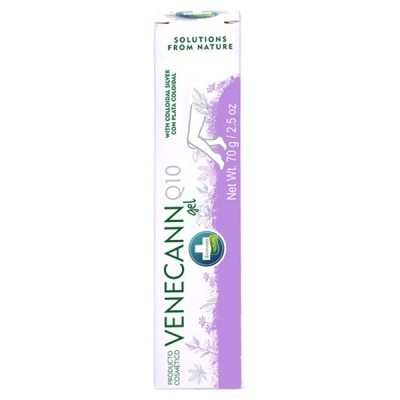 Embalagem de gel Venecann Q10 em branco e lilás com texto verde e roxo