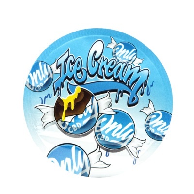 Rótulo redondo azul e branco com texto Ice Cream e balas Only CBD
