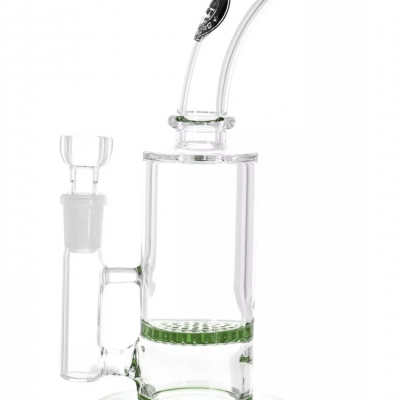 Bong de vidro transparente com detalhes verdes e tubo inclinado