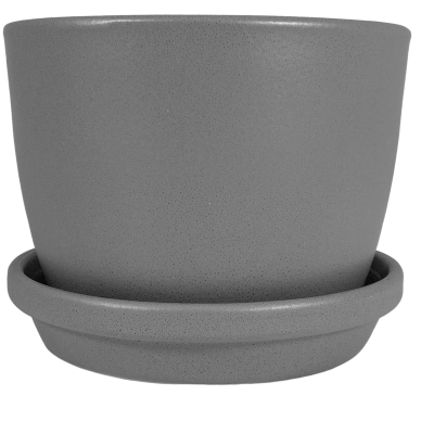 Vaso cinzento de cerâmica com textura pontilhada e prato correspondente