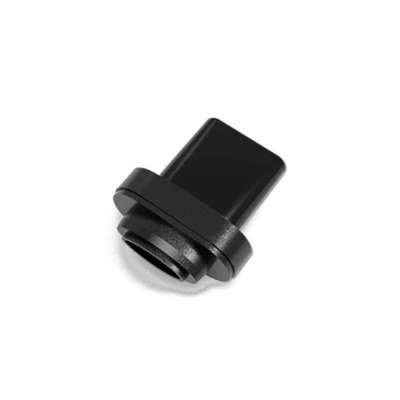 Adaptador ou conector plástico preto sobre fundo branco