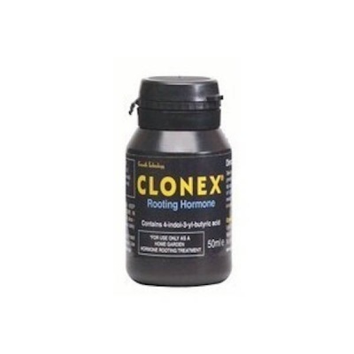 Frasco preto de Clonex Rooting Hormone 50 ml com tampa e rótulo com texto amarelo e branco
