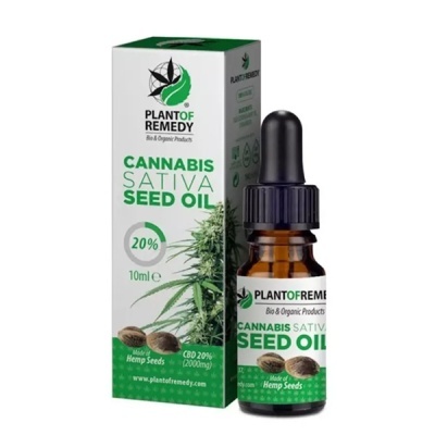 Frasco e embalagem de óleo de sementes de Cannabis Sativa da marca Plant of Remedy