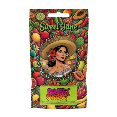 Embalagem colorida de produto com ilustração feminina e texto Sweet Jane e Sunset Sherbet