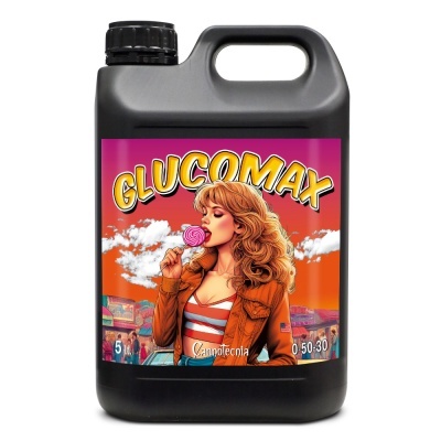 Recipiente preto com rótulo colorido GLUCOMAX e ilustração de mulher com pirulito