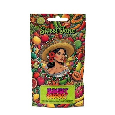 Embalagem colorida Sweet Jane com ilustração mulher chapéu, frutas e texto Sunset Sherbet
