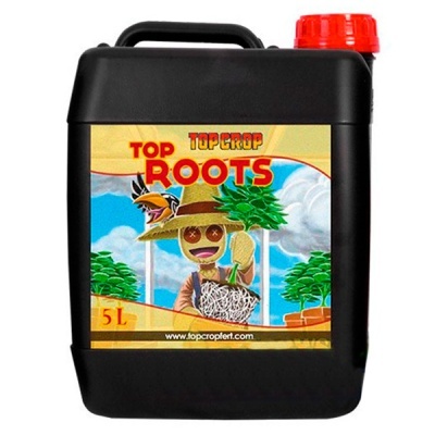 Frasco preto de 5 litros com etiqueta colorida e texto TOP CROP ROOTS.