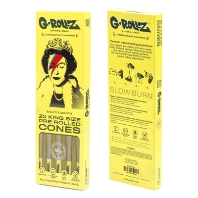 Embalagem amarela de cones pré-rolados G-ROLLZ com arte Banksy e informações de bambu e produto vegano.