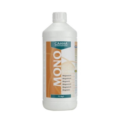 frasco branco com rótulo laranja e branco da marca CANNA, texto MONO e magnésio