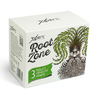 Embalagem branca Root Zone da Xpert Nutrients com ilustração de árvore antropomórfica e texto promocional.