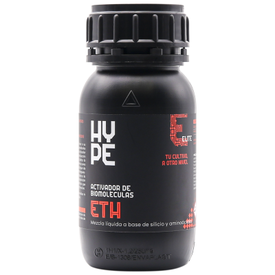 Frasco preto com rótulo HYPE activador de biomoléculas ETH