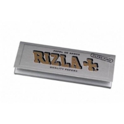 Pacote cinza e dourado de papel de arroz Rizla+ com texto e selo
