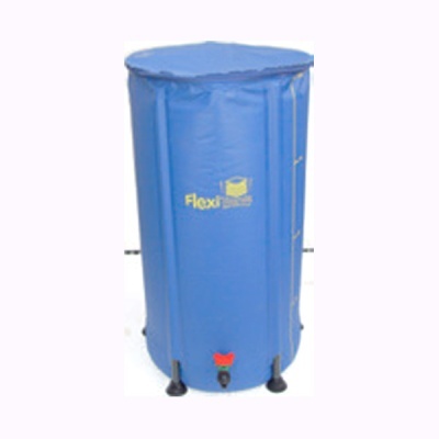 Recipiente cilíndrico azul com tampa e torneira vermelha na base