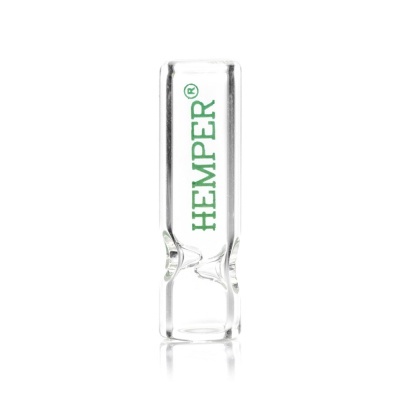 Piteira de vidro transparente com texto verde HEYEMPER.
