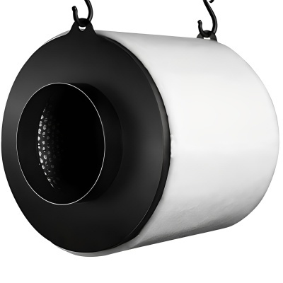 Filtro de ar redondo branco com borda preta e ganchos de suspensão