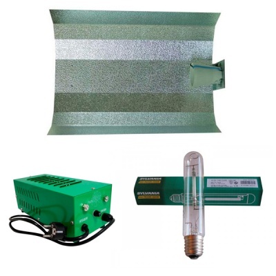 Conjunto de iluminação de cultivo com refletor metálico, balastro verde e lâmpada Sylvania