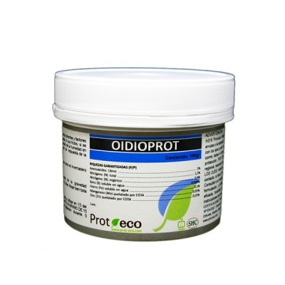 Frasco de OIDIOPROT com rótulo branco e detalhes em azul e verde