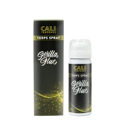 Frasco de spray e caixa preta com detalhes dourados e texto Gorilla Glue