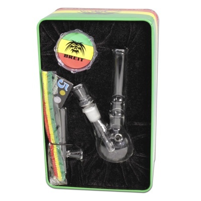 Conjunto para fumar com bong de vidro e acessórios em caixa colorida