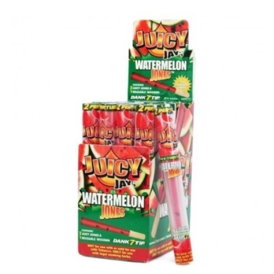 Embalagem de tubos para enrolar Juicy Jays Watermelon Jones com design de melancia e texto em verde, vermelho e amarelo