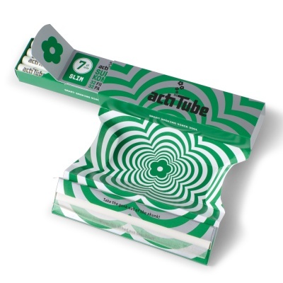 Embalagem verde e branca com tubos de filtro actiTube SLIM 7 mm