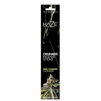 Embalagem preta e verde de sticks de incenso de cannabis com texto e imagem da planta
