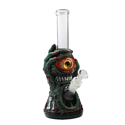 Bong de vidro com base decorada em forma de mão monstruosa verde com olho vermelho