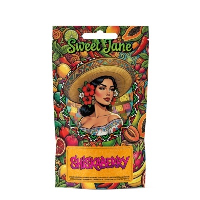 Embalagem colorida com ilustração de mulher e frutas, texto Sweet Jane e SHISKABERRY