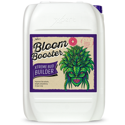 Recipiente branco de fertilizante Bloom Booster com figura vegetal verde no rótulo.