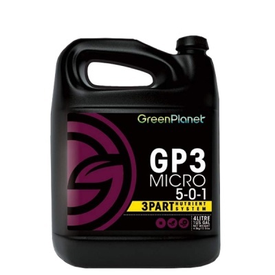 Recipiente plástico preto com etiqueta GreenPlanet GP3 MICRO 5-0-1 3PART